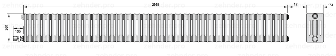 Схема (чертеж) Радиатор Zehnder Charleston 5026/58 №V004 Белый глянцевый RAL 9016